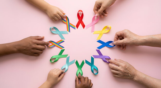 Hands holding colorful awareness ribbons in a circle