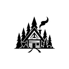 Black and white cabin in woods.