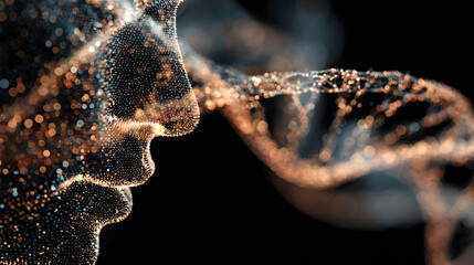 Abstract Human Face Profile With D N A Strand Particles