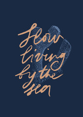 Vector tropical underwater style poster of seashell Isolated on dark blue background. Card for interior design, prints, fabric or background.