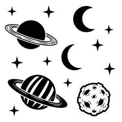 Black and white celestial body icons.