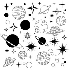 Black and white celestial body illustrations.
