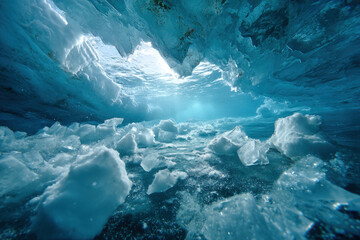 Underwater polar landscape with textured ice ceiling and dramatic blue light gradients in Arctic waters
