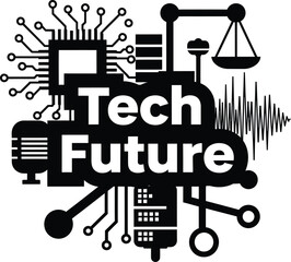 Tech Future Gears Computer Chip Scales Vector Black Hand Drawn Typography Logo Emblem Badge Icon Silhouette Vintage Retro Graphic Technology Industry Innovation Progress