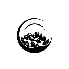 Black and white cityscape silhouette logo.
