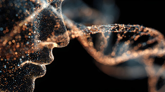 Abstract Human Face Profile With D N A Strand Particles - Powered by Adobe