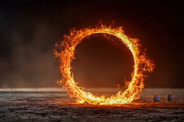 Abstract flaming ribbon circle border on dark background with bright empty center space