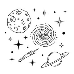 Black and white drawing of planets.