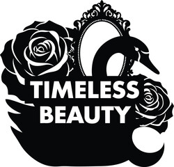 Timeless Beauty Rose Flower Mirror Clock Vector Black Hand Drawn Typography Logo Emblem Badge Icon Silhouette Vintage Retro Graphic Eternal Life Love