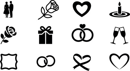 Collection of wedding and romance related icons including a couple roses hearts rings gifts and champagne glasses