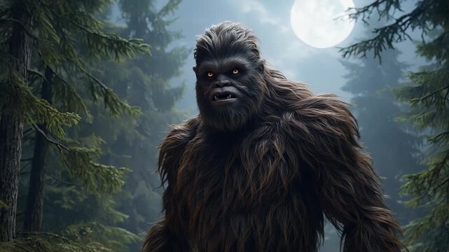 Majestic Bigfoot Creature Emerges from Dense Forest, A Mythical Cryptid Portrait in a Misty Woodland Scene.