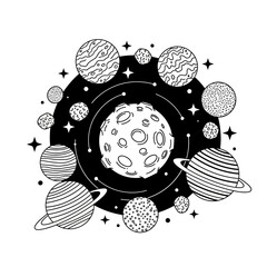 Black and white illustration of planets.