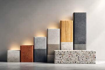 Modern 3D Stacked Bar Chart Made of Layered Terrazzo Blocks on Smooth Surface with Gray Wall