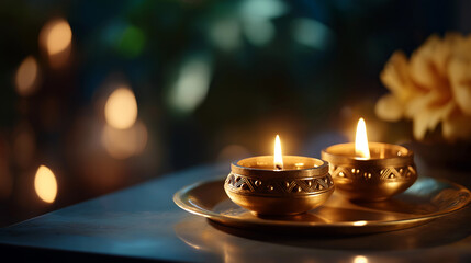 Moonlit spiritual ceremony with sacred lamps traditional shrine element nighttime ritual practice religious celebration peaceful atmosphere soft illumination meditation scene