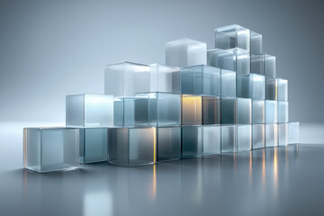 Frosted glass stepped panels forming abstract financial skyline chart on light background