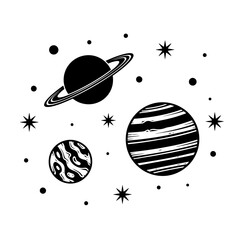 Black and white illustration planets.