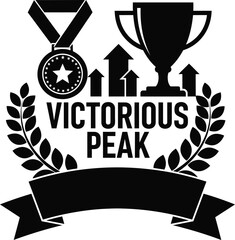 Victorious Peak Trophy Laurel Wreath Mountain Vector Black Hand Drawn Typography Logo Emblem Badge Icon Silhouette Vintage Retro Graphic Winner Success