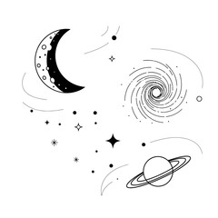 Black and white moon planet stars.