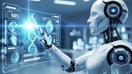 Advanced android robot interacting with holographic dna helix display for genetic research - Powered by Adobe