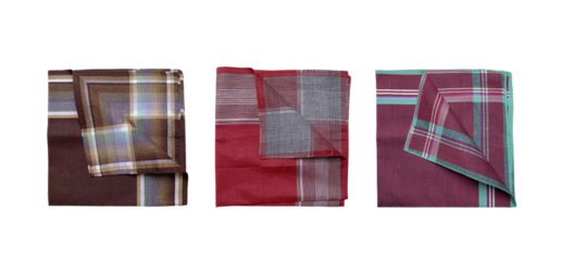 Three vinage folded patterned handkerchiefs isolated on a transparent background.