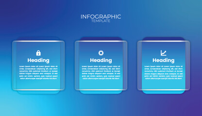 Modern three-step infographic template with blue gradient background, glassmorphism cards, icons, and clean layout for business workflow presentations.