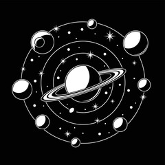 Black and white planet illustration.