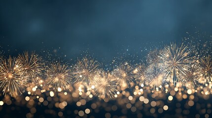 Golden fireworks exploding in the night sky over a blurred bokeh backdrop