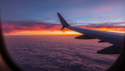 Obraz premium Sunset View From Airplane Window Above Clouds During Flight