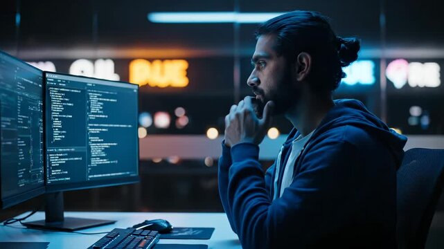 Programmer writes code on computer at night in office. Developer working with code on monitor screen. Programmer types code in dark workspace. Night coding with neon light. Developer at computer.