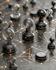 Futuristic monochrome board game layout with glass chess pieces and round button tokens