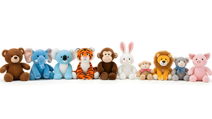 Fototapeta premium Assorted Stuffed Animals in a Line on White Background