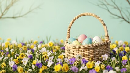 Woven Easter basket in a field of colorful spring flowers with pastel sky image photo