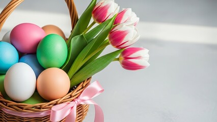 Close-up of an Easter basket with colorful eggs and pink and white tulips image photo