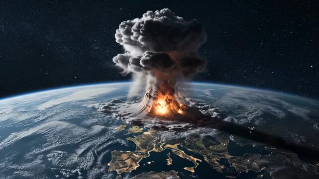 Nuclear explosion on Earth viewed from space. Mushroom cloud rises over planet surface. Earth explosion spreads across continent. Space view shows nuclear disaster on Earth. Apocalypse from space