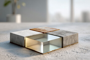 3D risk matrix grid with four raised tiles, one translucent selection and copy space