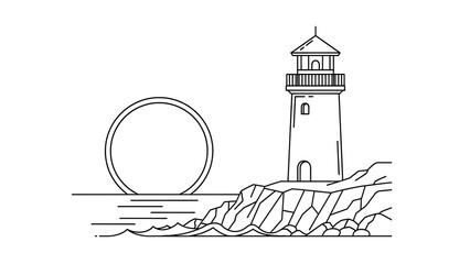 Simple line art illustration of a lighthouse on a rocky shore during sunset isolated on white background
