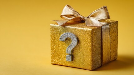 Close-up of a glittering gold gift box with a silver question mark, set against a yellow backdrop