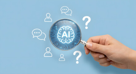 Artificial intelligence concept with magnifying glass and icons