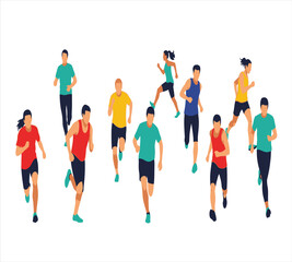 A group of diverse runners in motion depicted in a colorful stylized design