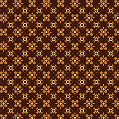 Seamless repeating pattern featuring stylized floral and geometric motifs in rich brown and golden tones. Elegant ornamental background for wallpaper, textiles, and packaging design