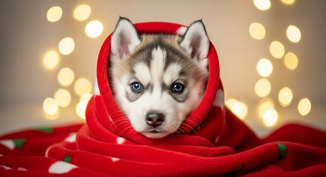 Adorable husky puppy with striking blue eyes wrapped snugly in a festive red blanket with warm holiday bokeh lights - Powered by Adobe