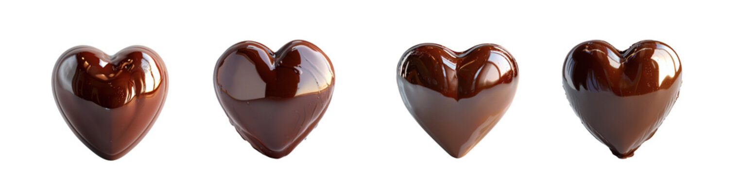 Four chocolate hearts with glossy surfaces depicting a melting process on transparent background high quality professional