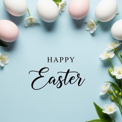 Happy Easter greeting with pastel eggs and delicate white flowers on a light blue background