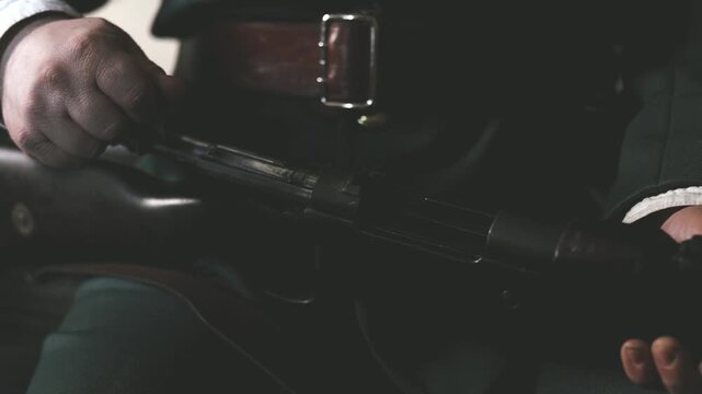 Details of policeman in uniform of 1920s in slow motion