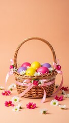 Woven Easter basket filled with bright eggs and decorated with pink ribbons and flowers colorful
