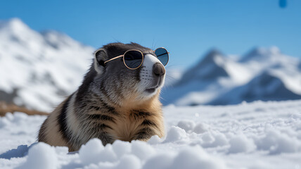 Obraz premium A cute marmot wearing sunglasses sits in snow with a mountainous background on a sunny day with funny and humor and playful and adorable and winter
