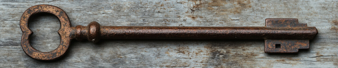 Vintage rusty iron key on weathered wooden background