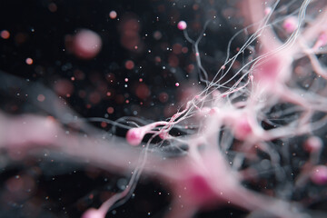 Pink and white spheres are floating in the air, creating a sense of movement