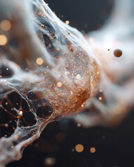 A blurry image of a web of gold and white particles with a black background