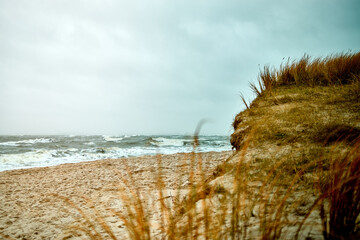Rugged coastal landscape with crashing waves and grassy cliffs under a moody gray sky.